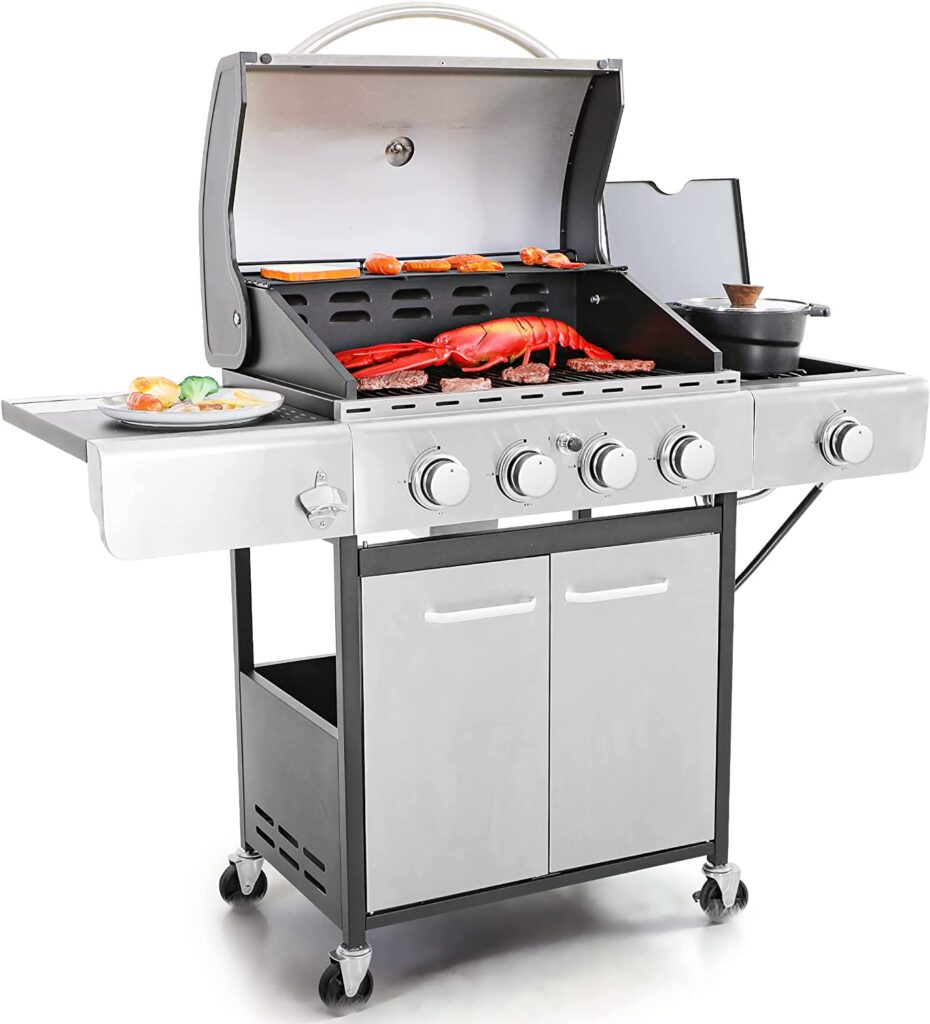Modern gas grill with multiple burners.